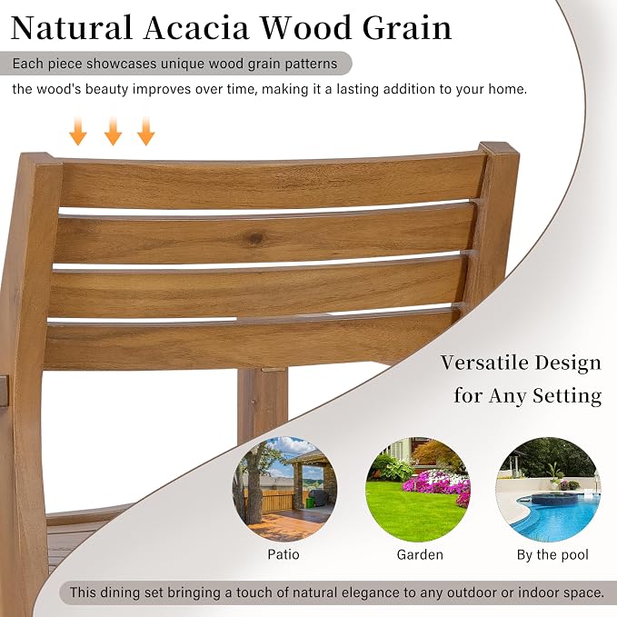 VilroCaz 5-Piece Acacia Wood Outdoor Dining Set for 4, All-Weather 47.2" Round Dining Table with 4 Armchairs and Slatted Design for Patios, Gardens, Pool Sides, and Lawn Areas (Natural-4.11)