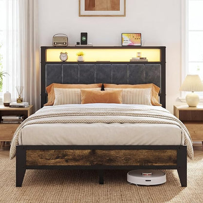 OLEVS Full Size Bed Frame with Charging Station & LED Light, 2-Tier Storage Headboard & Footboard, Type C & USB Ports Metal Platform Bed, No Box Spring Needed, Easy Assembly