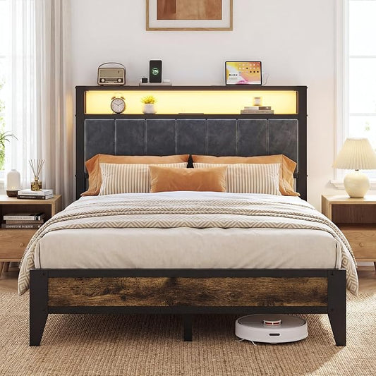 OLEVS Full Size Bed Frame with Charging Station & LED Light, 2-Tier Storage Headboard & Footboard, Type C & USB Ports Metal Platform Bed, No Box Spring Needed, Easy Assembly