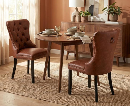 CIMOTA Brown Leather Dining Chairs Set of 2 Mid Century Modern Dining Room Chairs Tufted Upholstered Kitchen Dining Chairs Comfortable Side Chairs with Nailhead Trim/Ring Back (PU /2PCS)