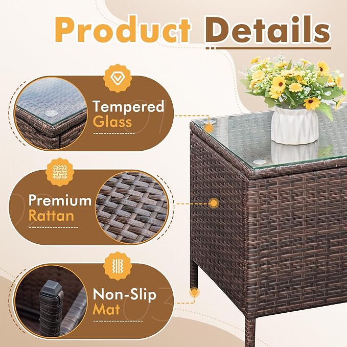 Flamaker Patio Furniture Set 3 Pieces All-Weather Rattan Outdoor Furniture Patio Chairs with Tempered Glass Table for Porch Bistro Balcony (Brown/Cream)