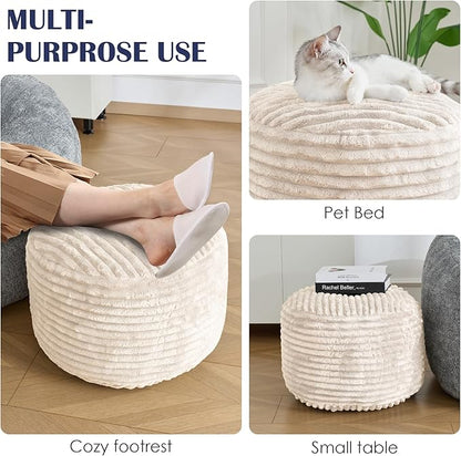 Round Ottoman,Corduroy Pouf Ottoman Foot Rest,Beige,20x15 IN | Storage Footstool for Living Room,20x15 Soft Floor Poufs,Memory Foam Filling,Footrest only