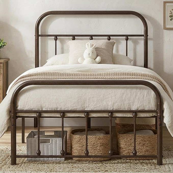VECELO Purple Bronze Metal Bed Frame Twin Size with Vintage Headboard and Footboard, No Box Spring Needed, Premium Stable Steel Slat Support Mattress Foundation