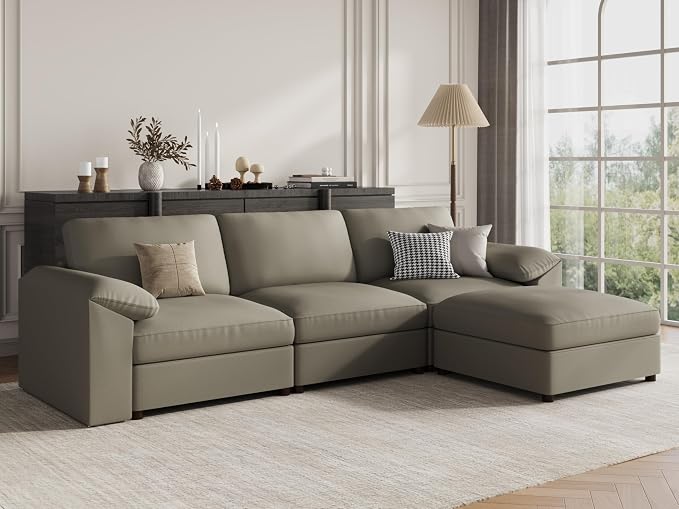EASE MOOSE Leather Sectional Couch, Oversized Modular Sectional Sofas, Wide Deep Seat Modular Couch, Scratch Resistant Faux Leather Material, L Shaped Sofa for Big Spaces，Light Grey