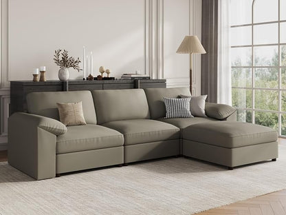 EASE MOOSE Leather Sectional Couch, Oversized Modular Sectional Sofas, Wide Deep Seat Modular Couch, Scratch Resistant Faux Leather Material, L Shaped Sofa for Big Spaces，Light Grey