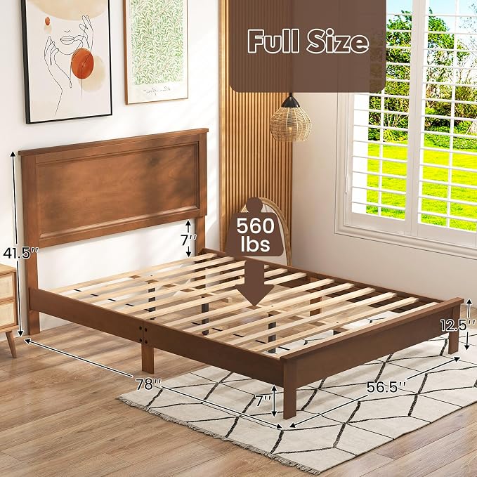Giantex Wood Full Platform Bed Frame with Headboard, Mid Century Bed Frame with Solid Wood Legs & Wooden Slat Support, Pallet Bed Mattress Foundation, No Box Spring Needed