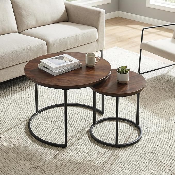 Round Nesting Coffee Table Set of 2, Modern Marble Pattern Wooden Nesting Tables, Stacking Minimalist End Table for Living Room Bedroom Small Space, (Black Leg+Brown top)
