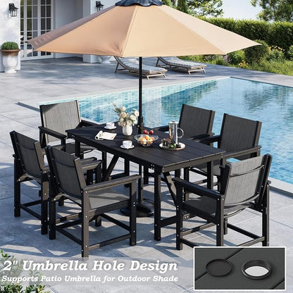 7 Piece HDPE Patio Dining Set, All-Weather Outdoor Table and Chair Sets with Umbrella Hole Outdoor Dining Table Sets of 6 Textilene Fabric Patio Chairs for Backyard, Poolside, Garden, Deck(Black)
