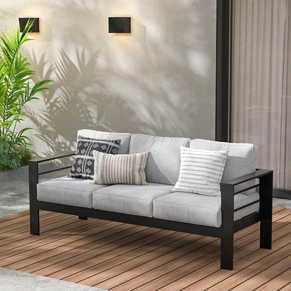 Wisteria Lane Aluminum Outdoor Sofa, 3 Seats Patio Couch All-Weather Rust-Proof Modern Metal Patio Furniture with 5" Thick Olefin Cushions, Light Grey