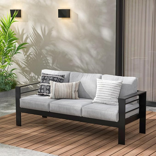 Wisteria Lane Aluminum Outdoor Sofa, 3 Seats Patio Couch All-Weather Rust-Proof Modern Metal Patio Furniture with 5" Thick Olefin Cushions, Light Grey