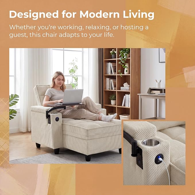 Convertible Sleeper Chair, Pull Out Sofa Bed with Adjustable Backrest & Hidden Storage Armrest, Single Sofa Recliner with USB Charging Port & Cup Holders for Living Room, Bedroom, Beige