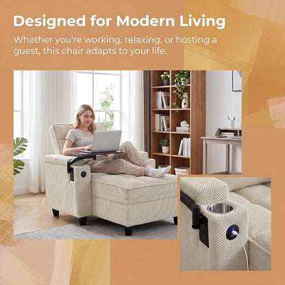 Convertible Sleeper Chair, Pull Out Sofa Bed with Adjustable Backrest & Hidden Storage Armrest, Single Sofa Recliner with USB Charging Port & Cup Holders for Living Room, Bedroom, Beige