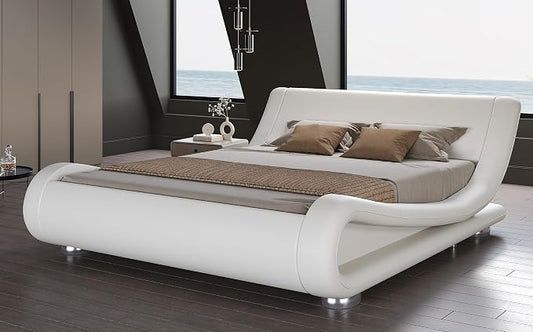 SHA CERLIN King Size Upholstered Bed Frame, Deluxe Low Profile Sleigh Bed with Faux Leather Ergonomics Headboard, No Box Spring Needed & Easy Assembly, White