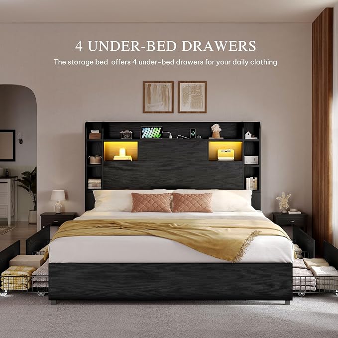 YITAHOME King Size Bed Frame with Bookcase Headboard and 4 Storage Drawers, RGB LED Bed Frame with Type-C & USB Charging Station Storage Headboard Beds, No Box Spring Needed, Noise Free, Black