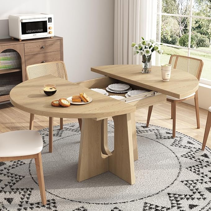 Epecoya 59-Inch Extendable Round Dining Table for Dining Room, 4-6 People Farmhouse Oval Wood Expandable Kitchen Dinner Table with Heavy Cross Pedestal for Living Room, Apartment, Light Oak