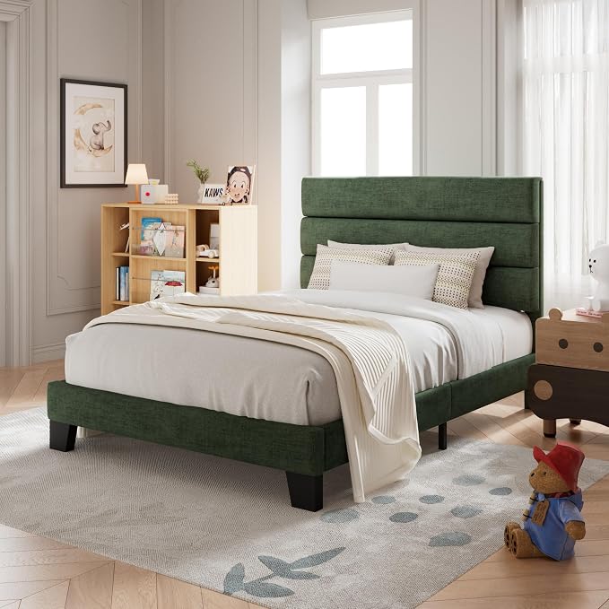 Allewie Twin Size Platform Bed Frame with Fabric Upholstered Headboard and Wooden Slats Support, Fully Upholstered Mattress Foundation/No Box Spring Needed/Easy Assembly, Green
