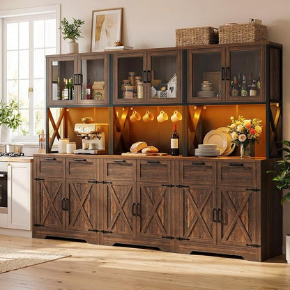 Unikito 94.5" Wide Kitchen Pantry Cabinet with 3 Power Outlets & LED Light, 71" Tall Large Kitchen Hutch with Countertop, DIY Pegboard with 18 Hooks & 6 Drawers, Farmhouse Food Pantry, Weathered Brown