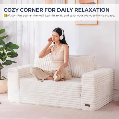 MAXYOYO Convertible Sofa Bed, 2 in 1 Folding Couch Bed for Small Space, Pull Out Loveseat Sofa Couch with Large Back Pillow, Plush Faux Fabric Lounge Couch for Living Room, Apartment, Beige
