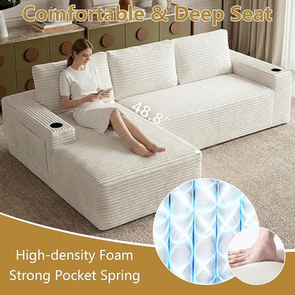 104" Cloud Sectional Couch L-Shaped with Side Pockets Cup Holders, Corduroy Boneless Couch for Living Room,Upholstered Deep-Seat Modular Sectional Sofa, No Assembly Required (White,Left Facing Chaise)