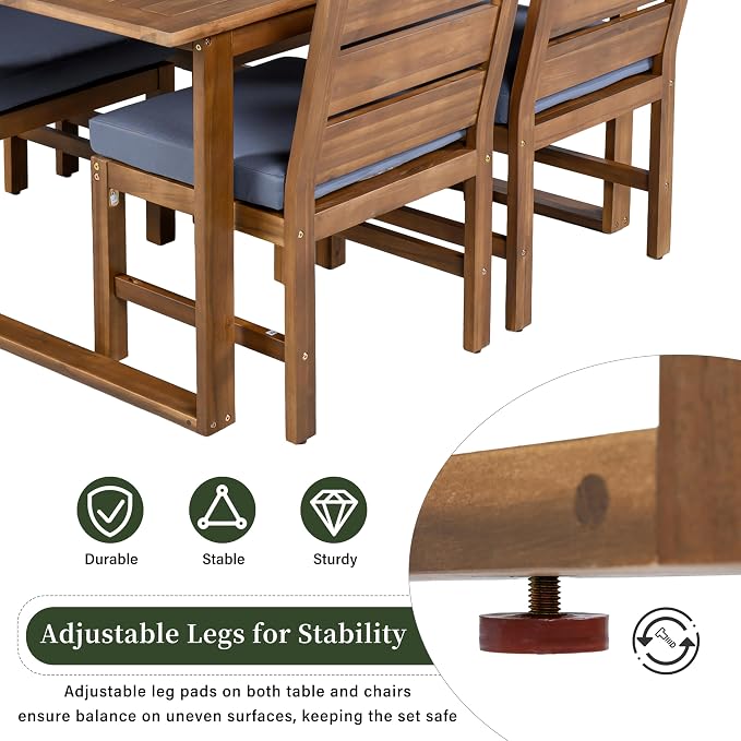 Quarte Premium 4-Piece Farmhouse Outdoor Dining Set in Solid Acacia Wood with Comfort Cushions and Adjustable Legs for Patio, Garden, Backyard (Brown+Gray5)