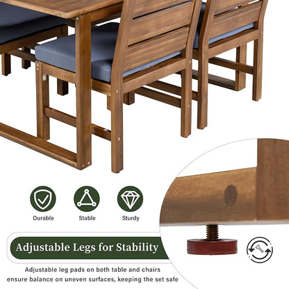 Quarte Premium 4-Piece Farmhouse Outdoor Dining Set in Solid Acacia Wood with Comfort Cushions and Adjustable Legs for Patio, Garden, Backyard (Brown+Gray5)