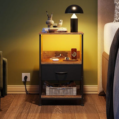 WLIVE Night Stand with Charging Station, LED Nightstand with Fabric Drawer and Open Shelf, Small Bedside Table for Bedroom, Dorm, Small Space, Black and Rustic Brown
