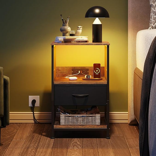 WLIVE Night Stand with Charging Station, LED Nightstand with Fabric Drawer and Open Shelf, Small Bedside Table for Bedroom, Dorm, Small Space, Black and Rustic Brown