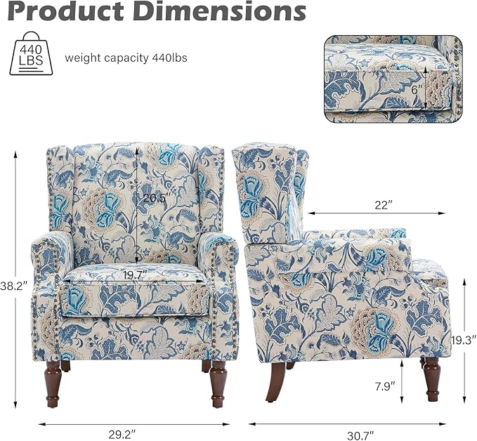 High Back Floral Accent Chair, Fabric Upholstered Armchair Wingback Arm Chair for Living Room, Nailhead Trim Single Sofa Bedroom Side Reading Seat with Retro Solid Wood Legs - Boho Blue