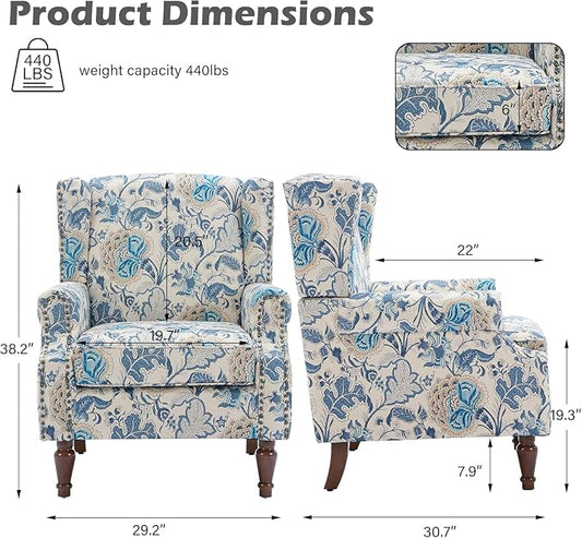 High Back Floral Accent Chair, Fabric Upholstered Armchair Wingback Arm Chair for Living Room, Nailhead Trim Single Sofa Bedroom Side Reading Seat with Retro Solid Wood Legs - Boho Blue