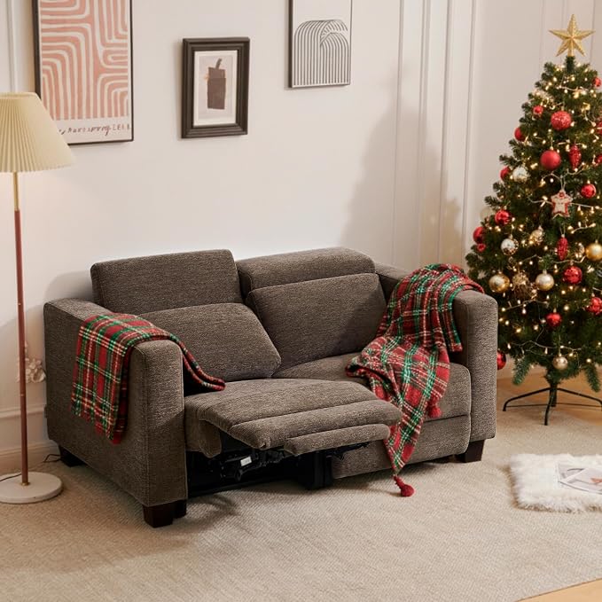 MCombo 62.2'' Reclining Loveseat, Wall Hugger Power Loveseat Recliner Sofa with Adjustable Headrest, USB A & C Charge Ports, Wood Legs, for Living Room (Fabric HL198M1)(Coffee)