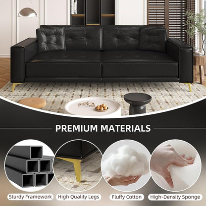 92.1'' King Pull out Sofa Bed, Convertible Futon Couch, 3-in-1 Faux Leather Sleeper Sofa with Tufted Back, 2 Pillows, Gold Legs, Deep Folding Loveseat Couches for Living Room, Apartment, Black