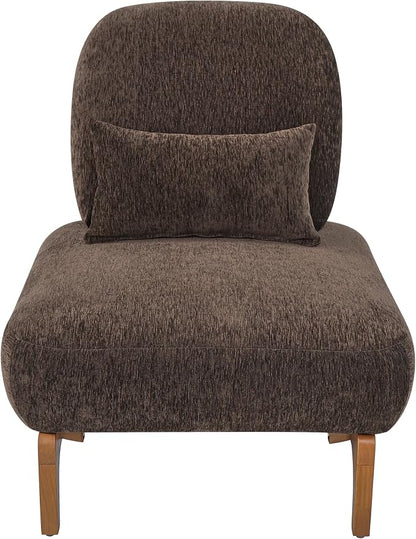 Merax Linen Accent Chair with Curved Wood Base and Lumbar Pillow, Dark Brown + Natural