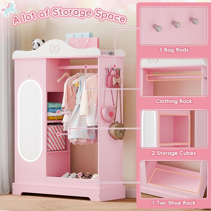 Xilingol Kids Armoire Dress Up Storage with Mirror, Kids Wardrobe Closet with Jewelry Cabinet and Storage Shelves, Open Hanging Armoire Costume Organizer for Bedroom (Pink)