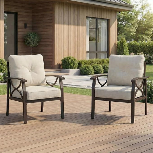 RoyalCraft 2 Pieces Outdoor Single Sofa,All-Weather Patio Metal Armchair,Khaki Metal Furniture with Gray Cushions, Brown