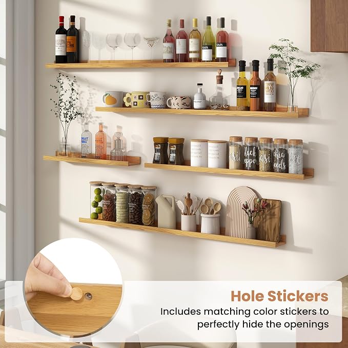 Fun Memories Picture Ledge Shelves Set of 4, 48 Inch Rustic Wall Mounted Floating Shelves with Lip for Home Storage and Décor in Bathroom, Kitchen, Nursery, Bedroom, Living Room, Oak