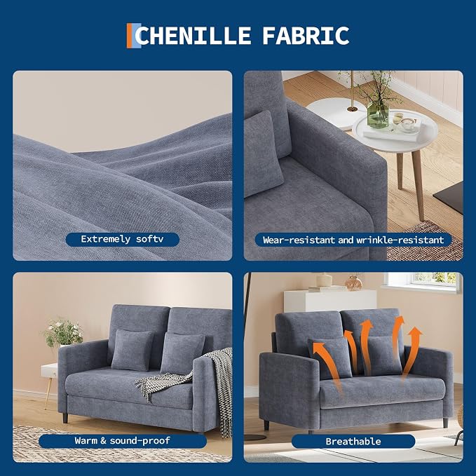 IDEALHOUSE Loveseat Sofa, 52" Love Seat for Small Spaces, Mid Century Sofa Accent Chair, Wood Frame, Tool-Free Assembly, Comfy Sofa Couch for Bedroom, Living Room, Blue Gray