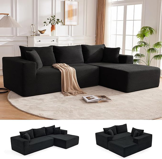 Mangodan 110” Cloud Sectional Couch, Boneless Sofa for Living Room, Modular Sectional Sofa with Deep Seat, Comfy Fluffy Couch with L-Shaped Chaise, No Assembly Required (Right-Facing Chaise, Black)