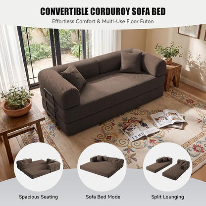 79" Convertible Sleeper Sofa Bed, Corduroy Boneless Fold-Out Couch in a Box, 4-in-1 Loveseat/Futon Couch, High-Density Foam, No Assembly, Side Pockets, 2 Pillows for Small Spaces, Brown
