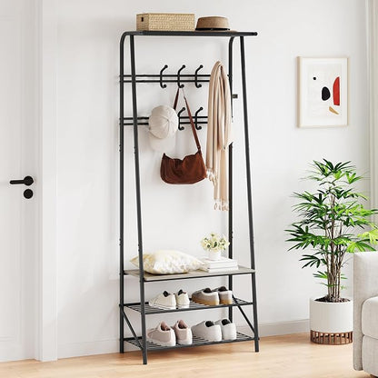 Jojoka Coat Rack Hall Tree with Shoe Storage Bench, 4-in-1 Entryway Organizer with 10 Hooks & 3-Tier Shoe Rack, Sturdy Metal Frame Freestanding Storage Unit for Hallway (Grey-Double Row, 25.2in)