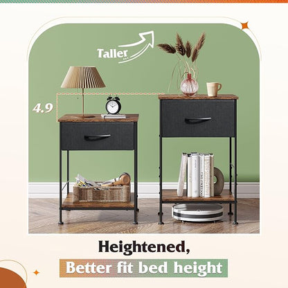 WLIVE Small Black Nightstand Set of 2 with Drawer, Fabric Bedside Table | Night Stands Set of 2 with Wood Open Shelf, End Table with Steel Frame, Side Table for Bedroom, Dorm, Easy Assembly