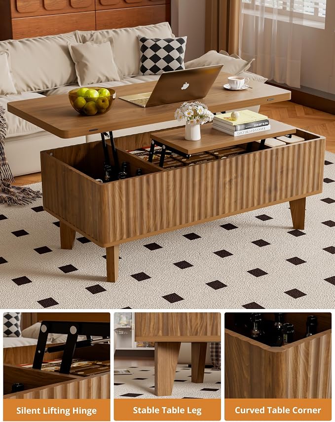 4 in 1 Lift Top Coffee Table with Storage, Mid Century Modern Living Room Center Table, Wood Fluted Multi-Function Convertible Dining Table, Walnut