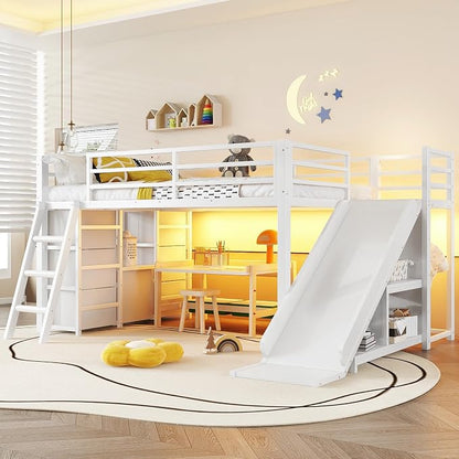 Bellemave Twin Size Low Loft Bed with Slide & 7 Fabric Storage Drawers,Metal Loft Bed Frame with Shelves and LED Lights for Boys Girls,Kids Loft Bed Twin,White