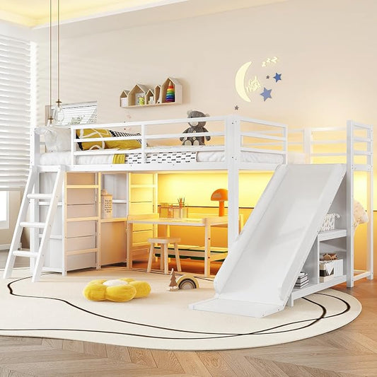 Bellemave Twin Size Low Loft Bed with Slide & 7 Fabric Storage Drawers,Metal Loft Bed Frame with Shelves and LED Lights for Boys Girls,Kids Loft Bed Twin,White