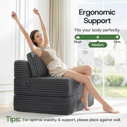 Convertible 4-in-1 Folding Sofa Bed Boneless Sleeper Chair Couch Foldable Chaise Lounger & Mattress Pocket Coils+Foam Medium Support, Portable No Assembly for Living Room/Bedroom, Twin