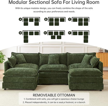 Modular Sectional Sofa, 112.2 Inch U Shaped Couch Set with Armrests, 3-Seater Comfy Cloud Couches for Living Room Apartment, Green