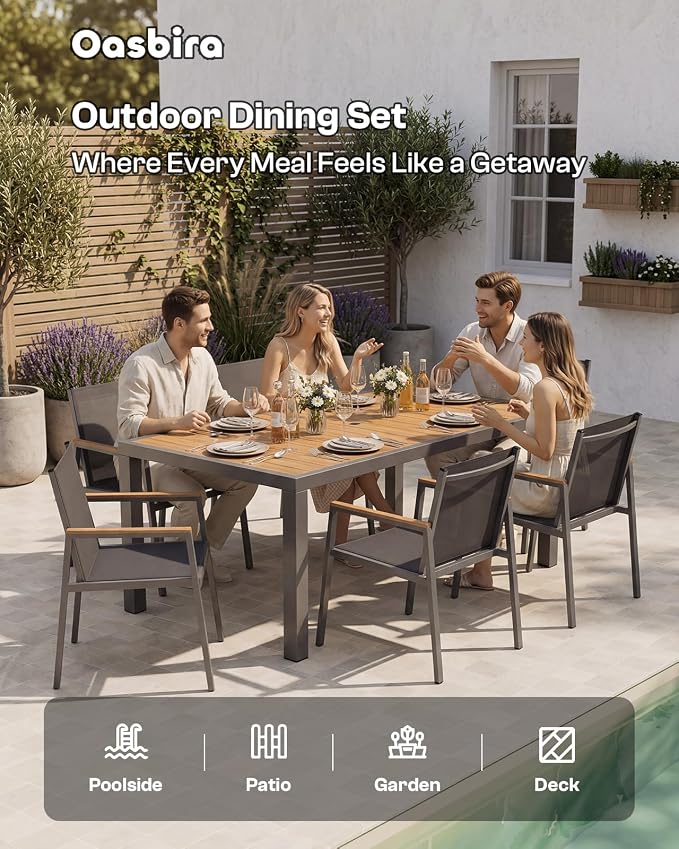 Outdoor Dining Chairs Set of 2, Aluminum Patio Armchairs, All Weather Patio Dining Furniture for Backyard, Deck, Poolside (Gray-Teak)