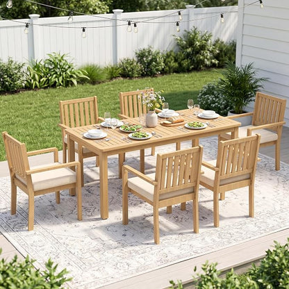 FansaFurn 7 Pieces Acacia Outdoor Patio Table and Chairs Set for 6, Outdoor Dining Table Set with Cushion, Modern Outdoor Patio Furniture Set for Backyard Garden Deck Lawn, Beige