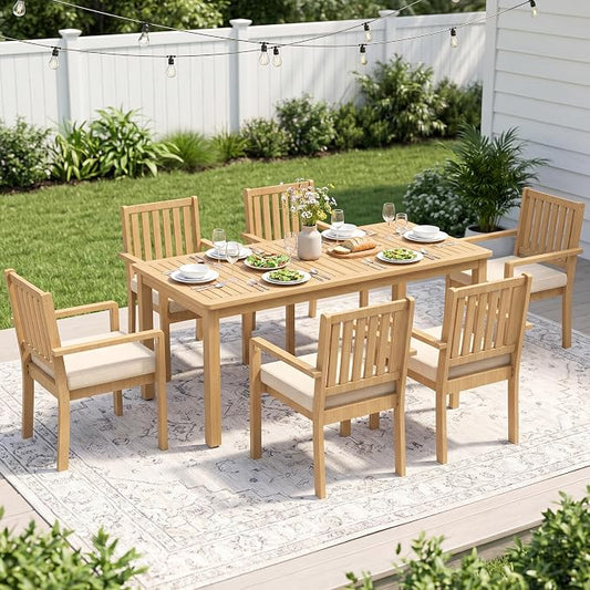 FansaFurn 7 Pieces Acacia Outdoor Patio Table and Chairs Set for 6, Outdoor Dining Table Set with Cushion, Modern Outdoor Patio Furniture Set for Backyard Garden Deck Lawn, Beige
