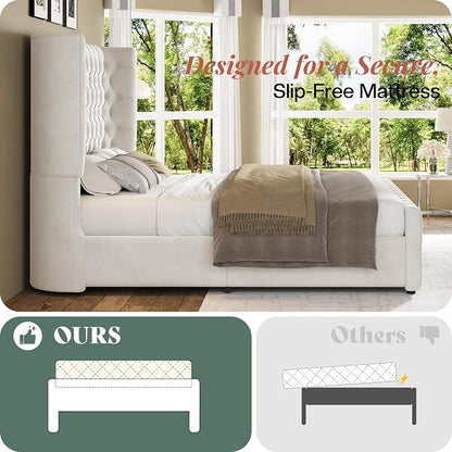 Jocisland California King Size Upholstered Bed Frame with 6.3-Inch Curved Wingback Headboard, Tufted Footboard, Wood Slats, No Box Spring Needed, Beige Velvet