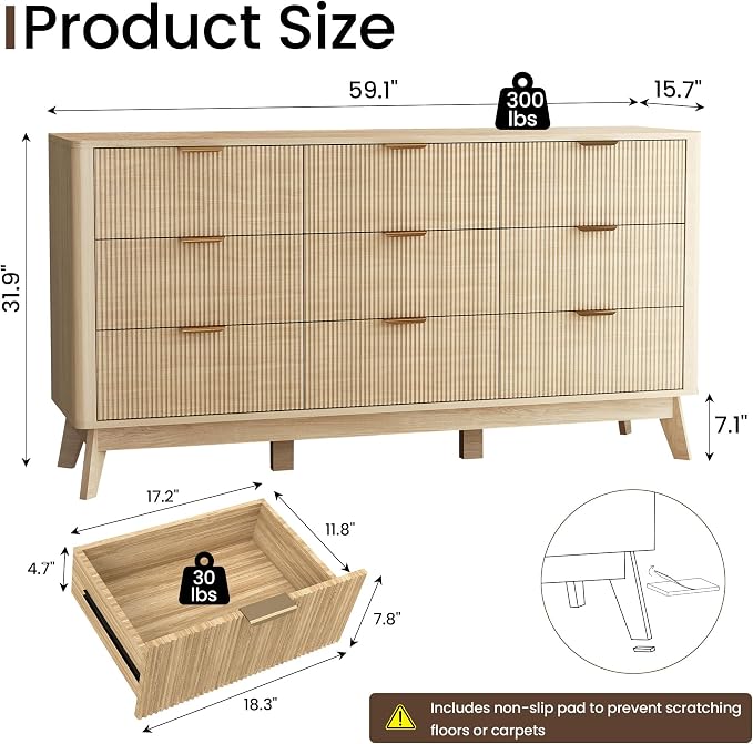 SUNWAVE 9 Drawer Dresser for Bedroom, 59.1" Large Fluted Dresser with Round Corner, Modern Dressers Wood Chest of Drawer for Living Room (Oak)